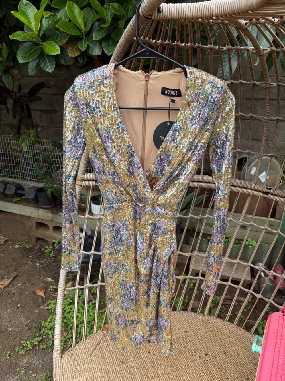 Nookie Gold Multi Sequin Long Sleeve Wrap Dress